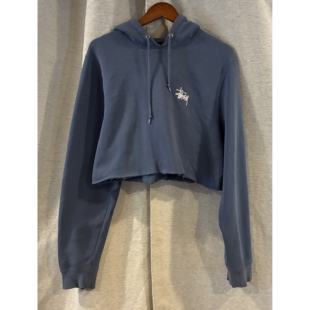 Stussy Navy Blue Pullover Hoodie Womens L Graphic Print Logo Streetwear Cropped